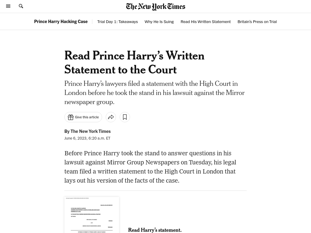 Read Prince Harry's written statement. - The New York Times